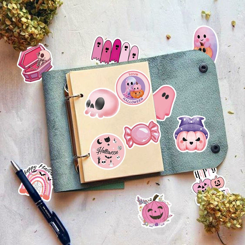 50 Pink Halloween Cartoon Stickers Decorate Phone Cases Notebook Luggage DIY Waterproof Cartoon Designs For Exquisite Decoration
