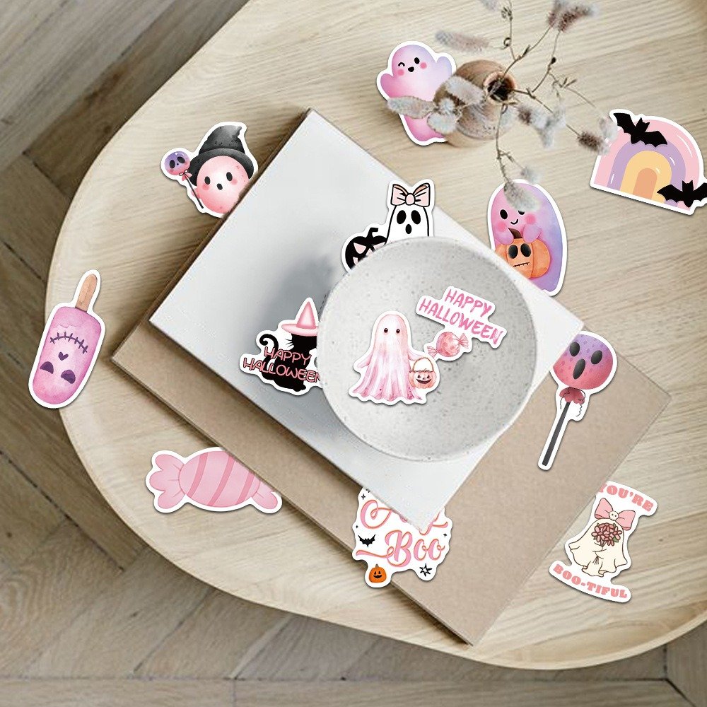 50 Pink Halloween Cartoon Stickers Decorate Phone Cases Notebook Luggage DIY Waterproof Cartoon Designs For Exquisite Decoration