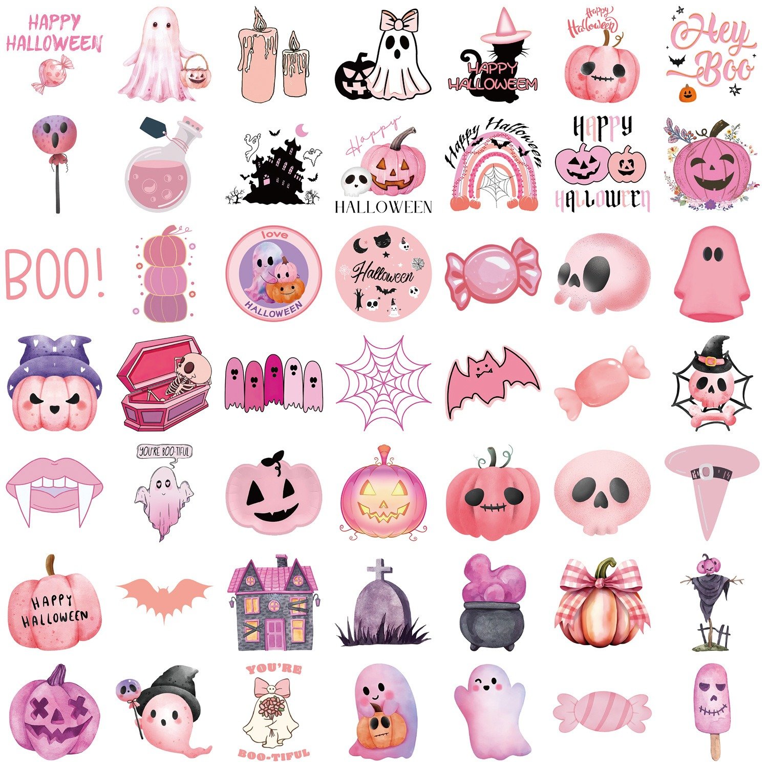50 Pink Halloween Cartoon Stickers Decorate Phone Cases Notebook Luggage DIY Waterproof Cartoon Designs For Exquisite Decoration