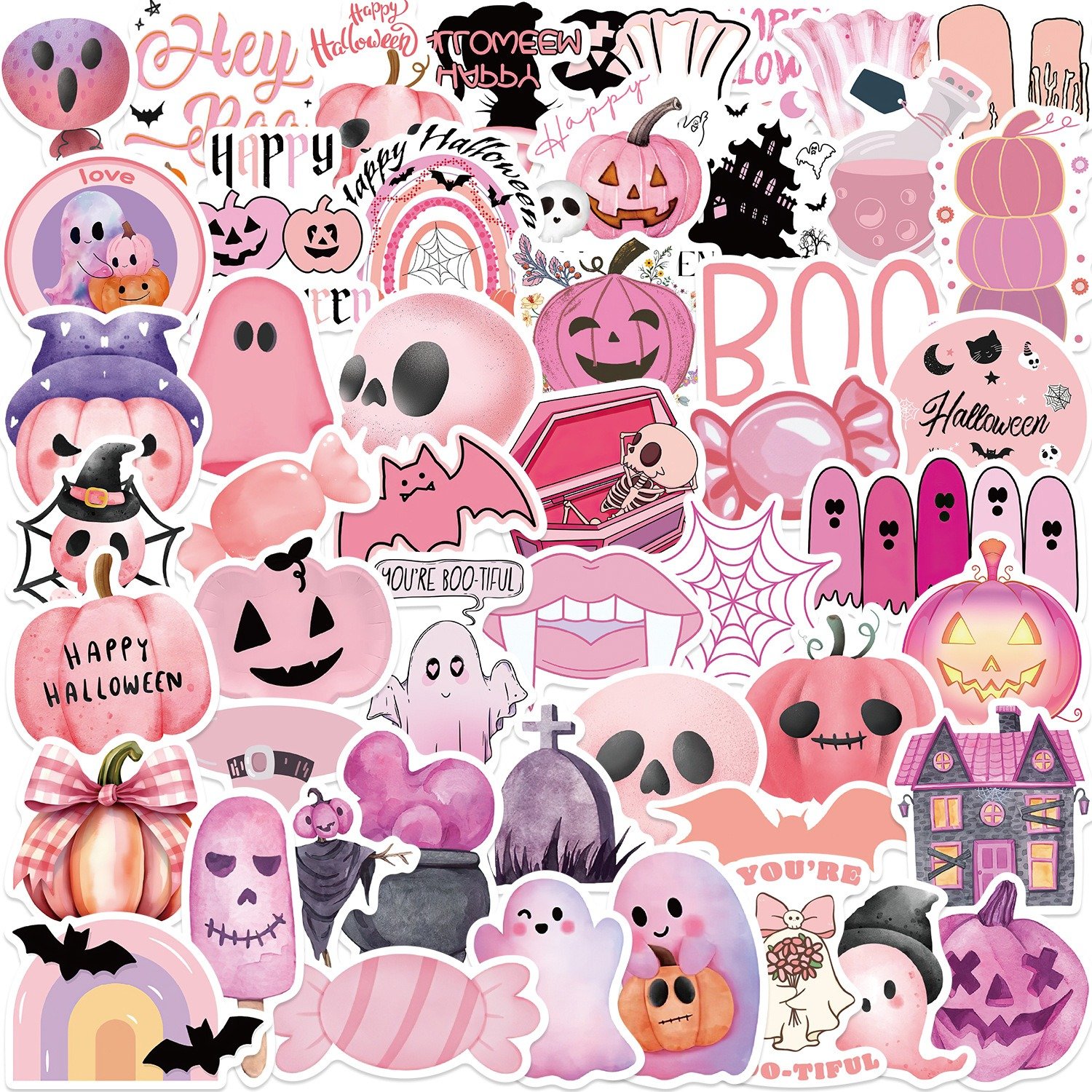 50 Pink Halloween Cartoon Stickers Decorate Phone Cases Notebook Luggage DIY Waterproof Cartoon Designs For Exquisite Decoration