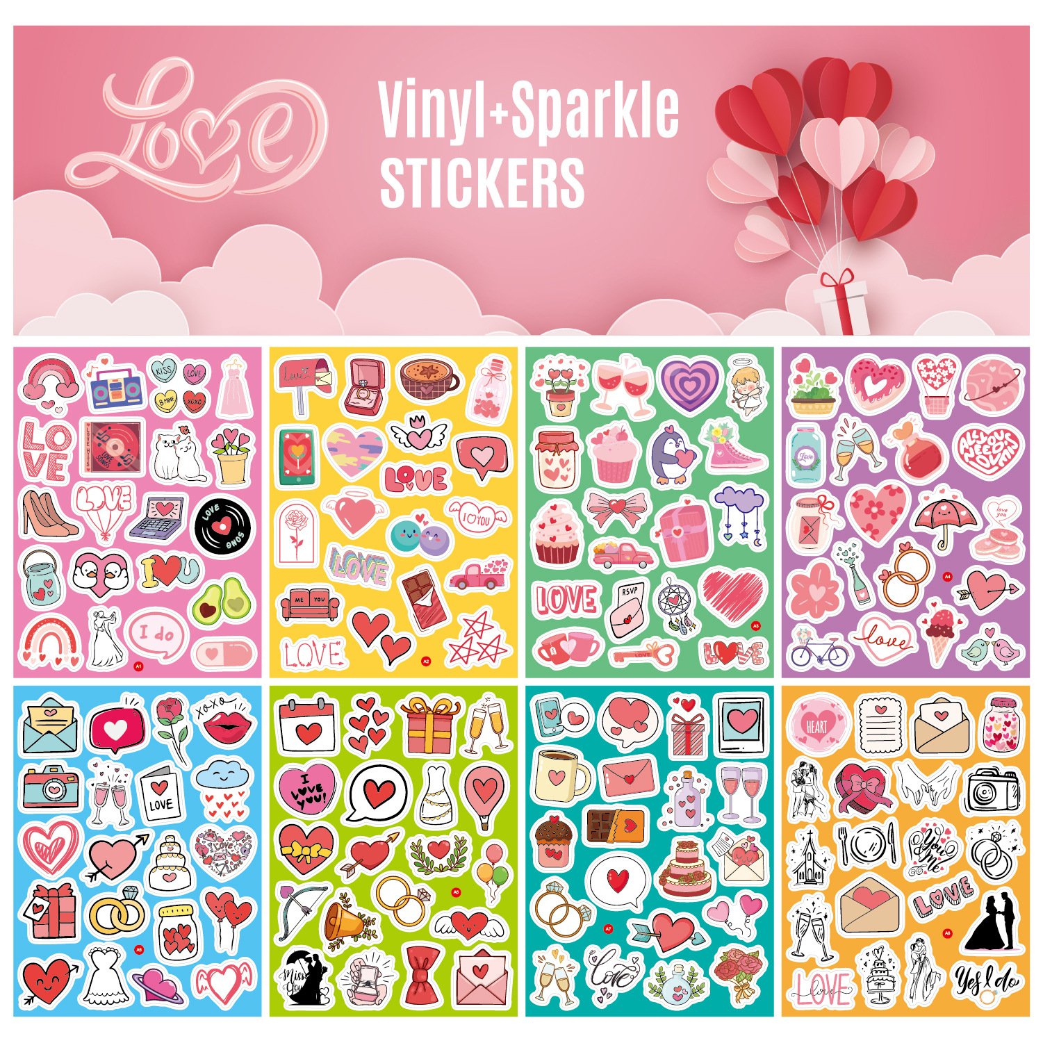 Fancy 3D Holographic Self Adhesive Paper Kiss Cut Cartoon 8 Sheets 160 Pcs Love Wedding Sticker Waterproof Sticker Sheet