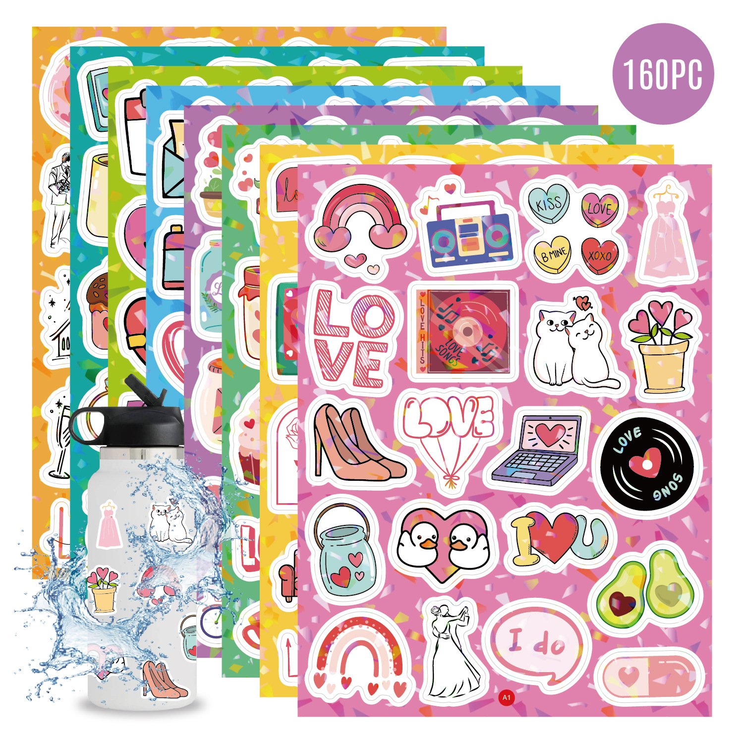 Fancy 3D Holographic Self Adhesive Paper Kiss Cut Cartoon 8 Sheets 160 Pcs Love Wedding Sticker Waterproof Sticker Sheet