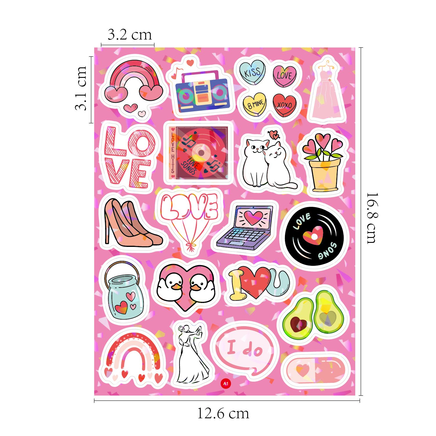 Fancy 3D Holographic Self Adhesive Paper Kiss Cut Cartoon 8 Sheets 160 Pcs Love Wedding Sticker Waterproof Sticker Sheet