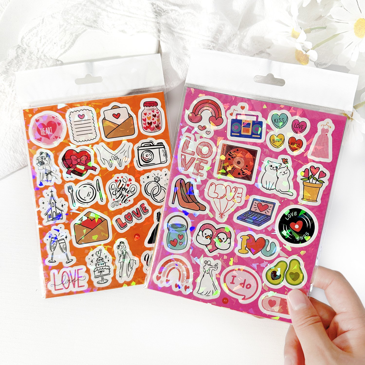 Fancy 3D Holographic Self Adhesive Paper Kiss Cut Cartoon 8 Sheets 160 Pcs Love Wedding Sticker Waterproof Sticker Sheet