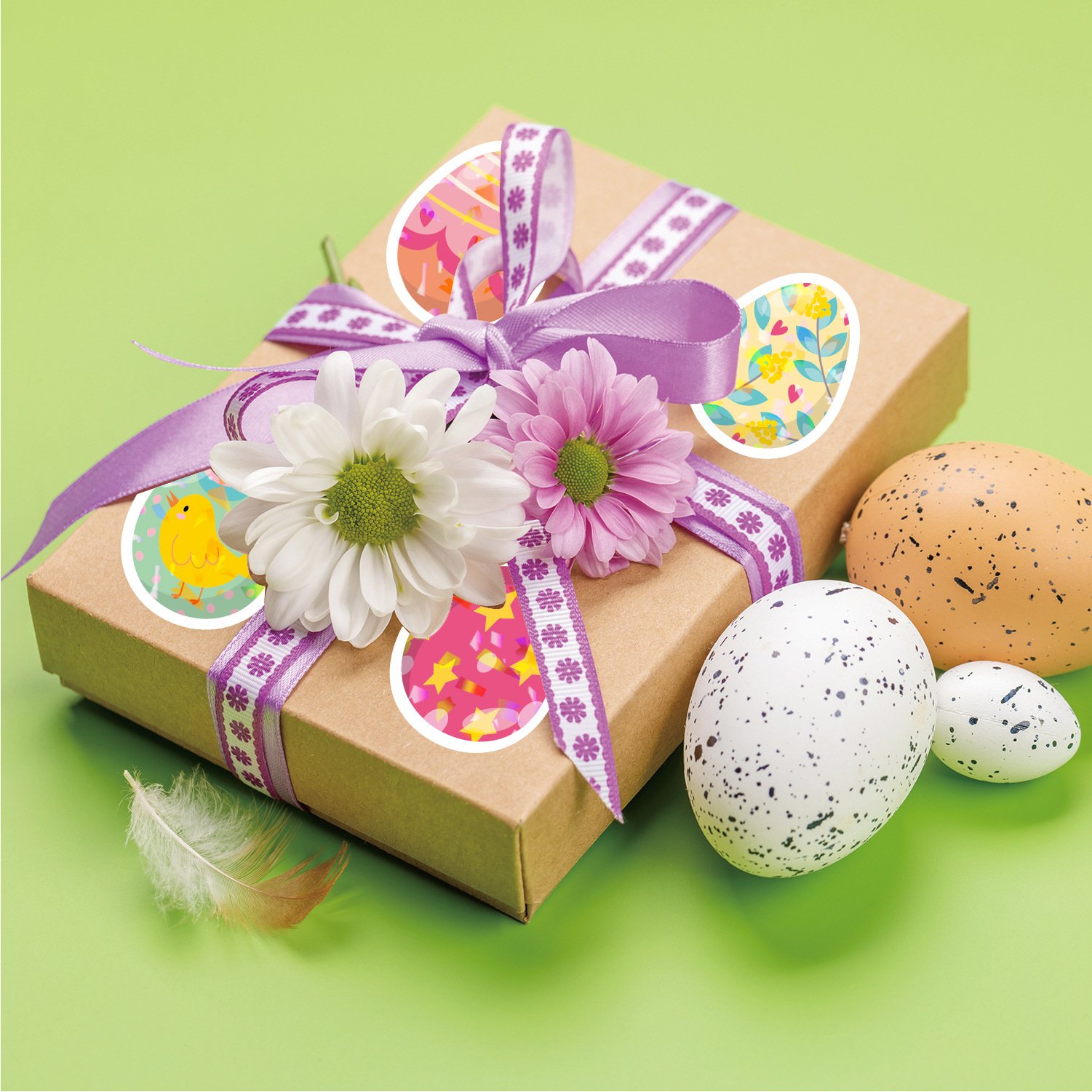 8 Sheets Holographic Easter Rabbit and Eggs Stickers Waterproof Vinyl Children's Cartoon Home Decoration Packaging Labels