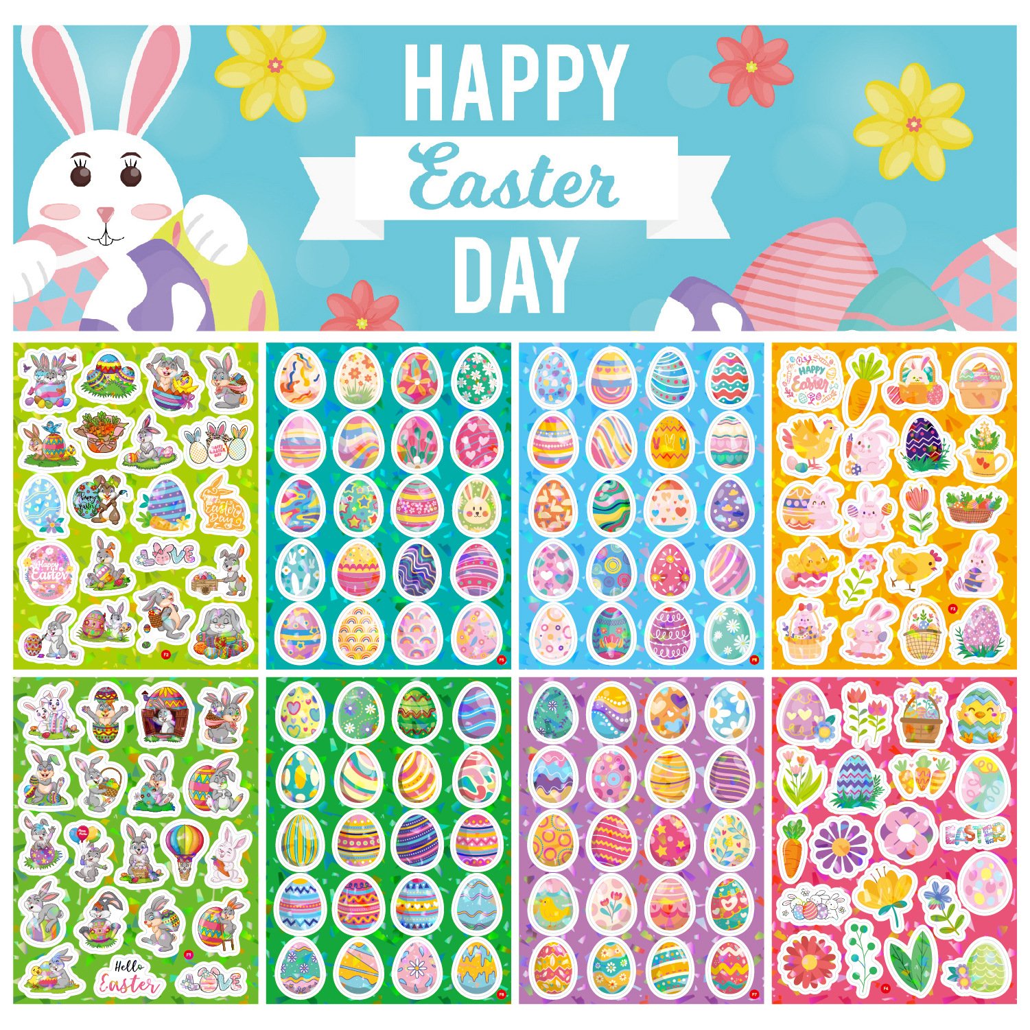 8 Sheets Holographic Easter Rabbit and Eggs Stickers Waterproof Vinyl Children's Cartoon Home Decoration Packaging Labels