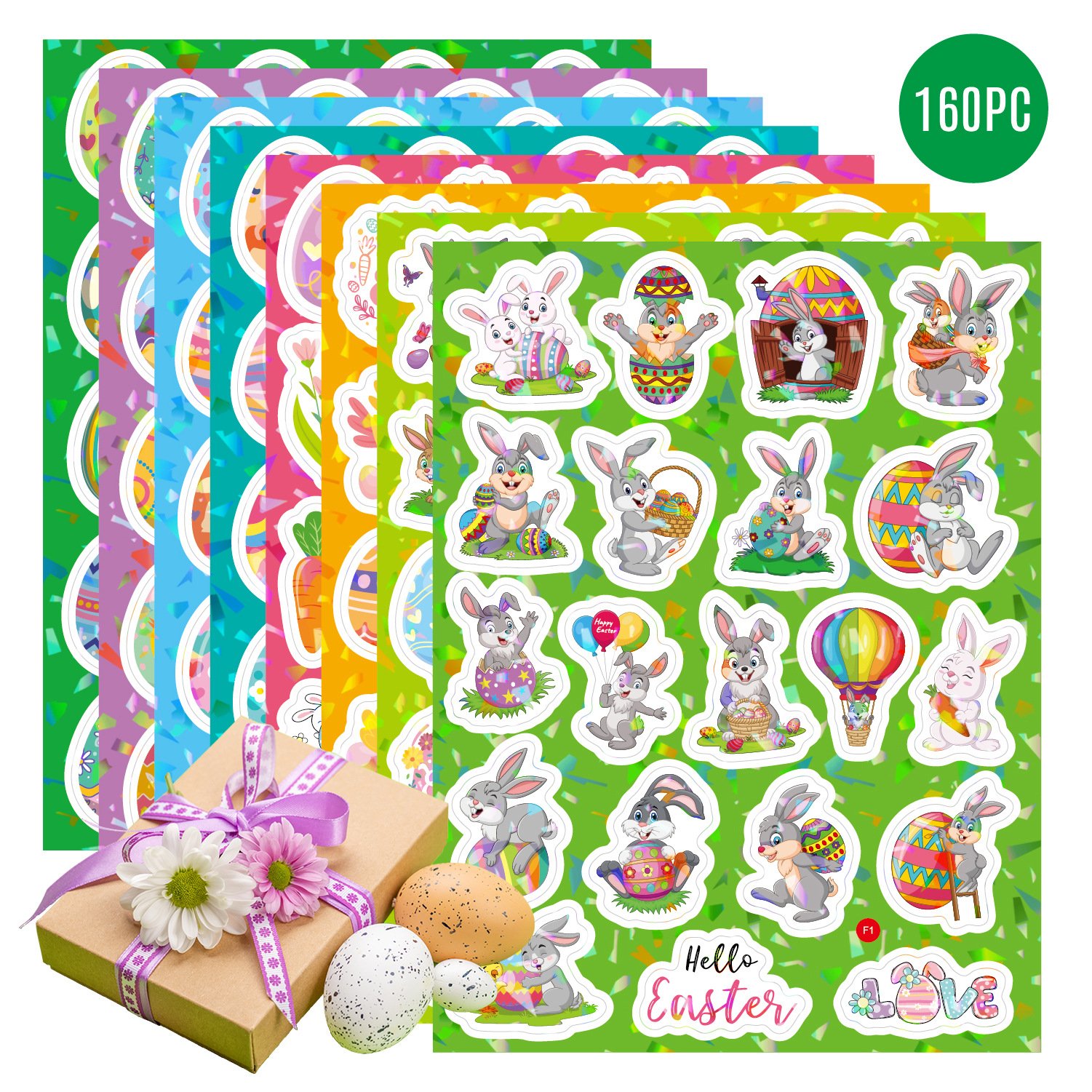 8 Sheets Holographic Easter Rabbit and Eggs Stickers Waterproof Vinyl Children's Cartoon Home Decoration Packaging Labels