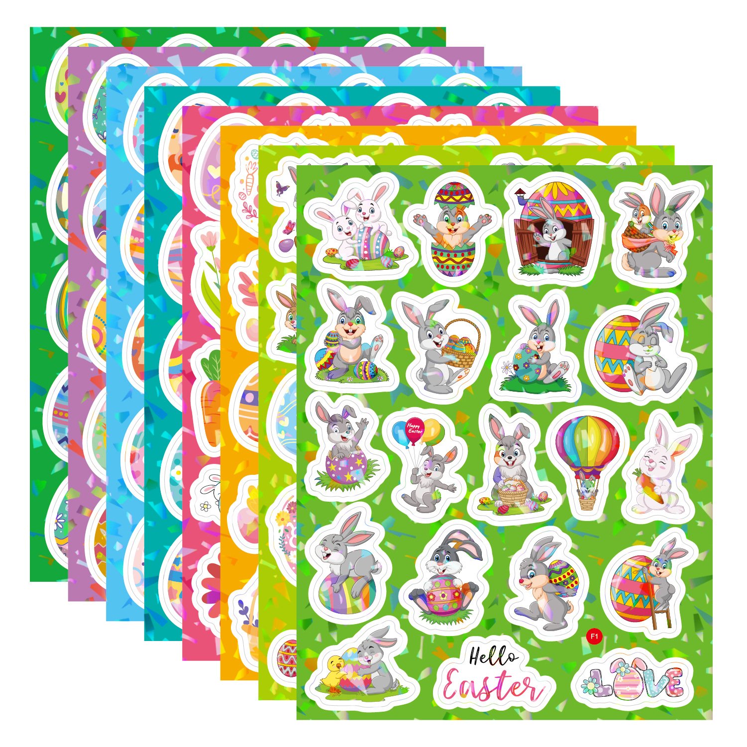 8 Sheets Holographic Easter Rabbit and Eggs Stickers Waterproof Vinyl Children's Cartoon Home Decoration Packaging Labels