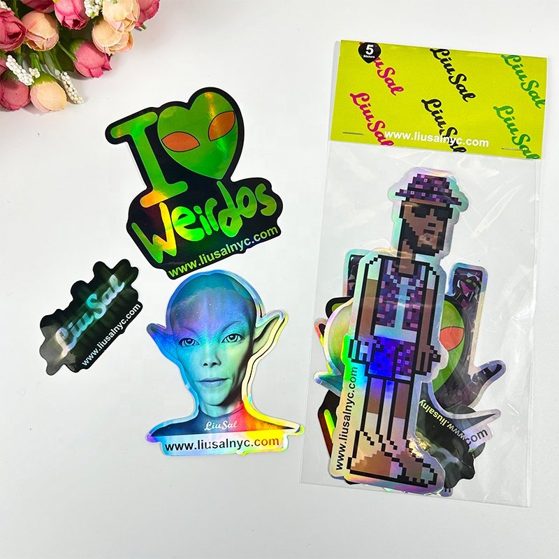 Selling Custom Waterproof Laptop Cartoon Hologram Stickers Packs Packaging Die Cut Logo Rainbow Laser Holographic Stickers