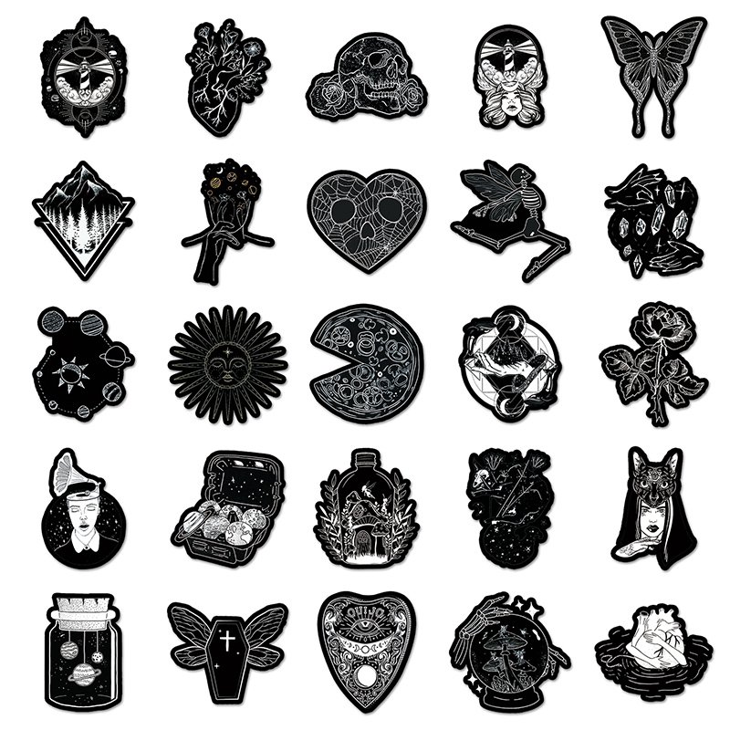 50pcs Simple INS Style Black And White Graffiti Cartoon Sticker Waterproof Decorative Laptop Sticker