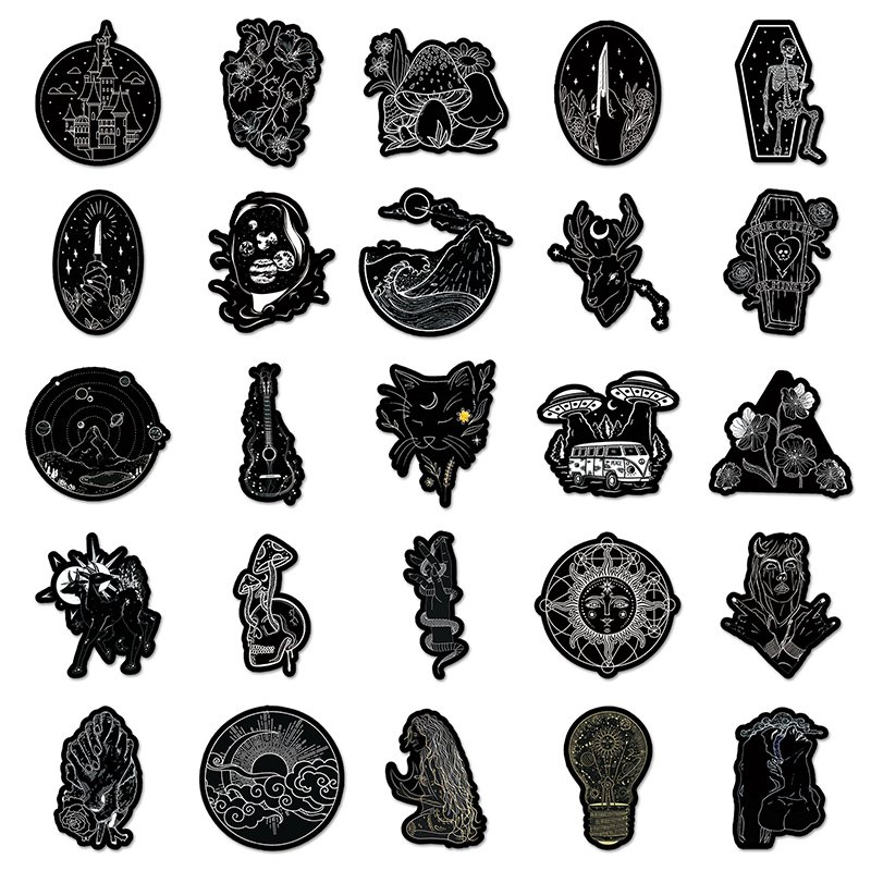 50pcs Simple INS Style Black And White Graffiti Cartoon Sticker Waterproof Decorative Laptop Sticker