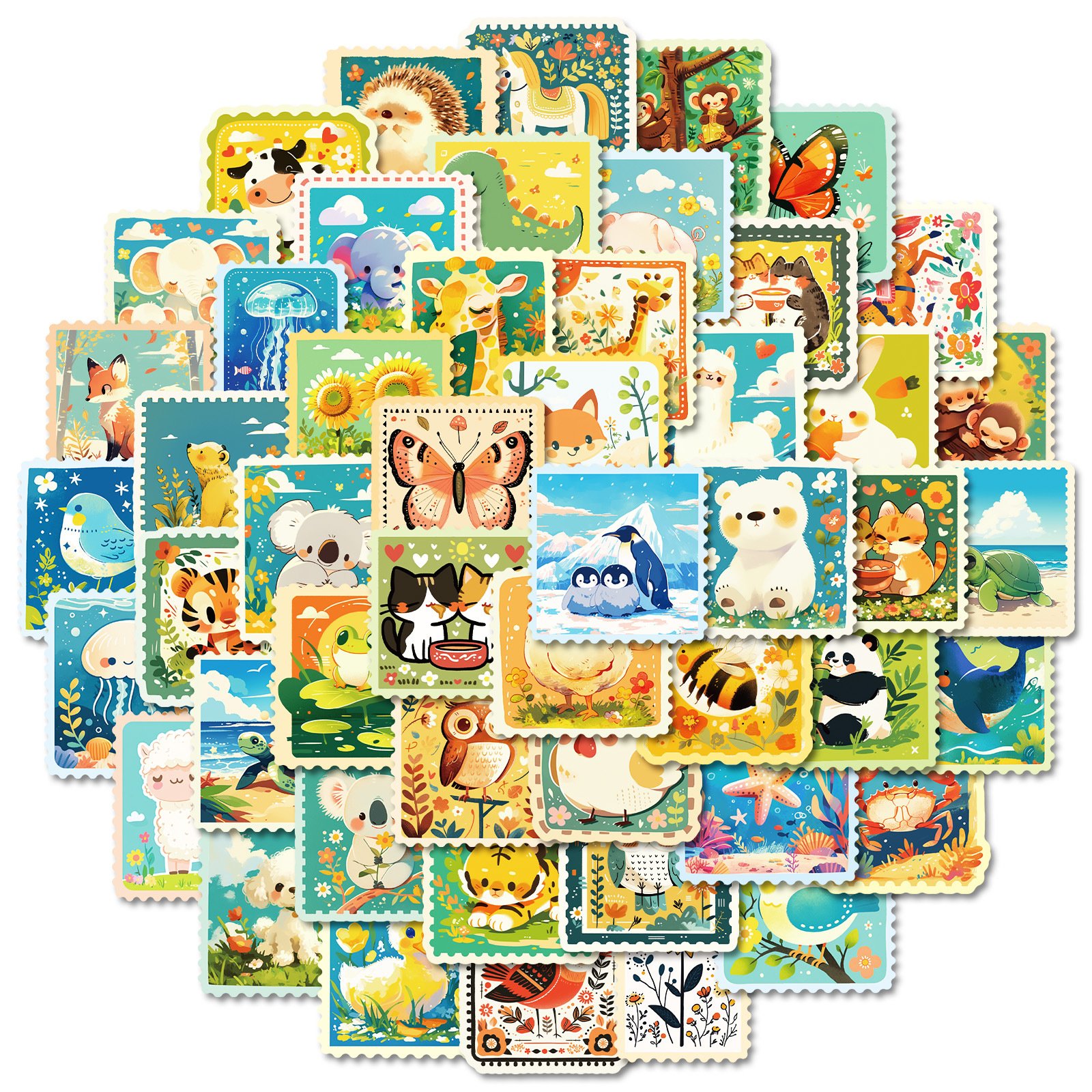 50Pcs Cute Animals Cartoon Stamp Graffiti Stickers For Children Book Wall Decor Kawaii illustration Postage Stamp Sticker