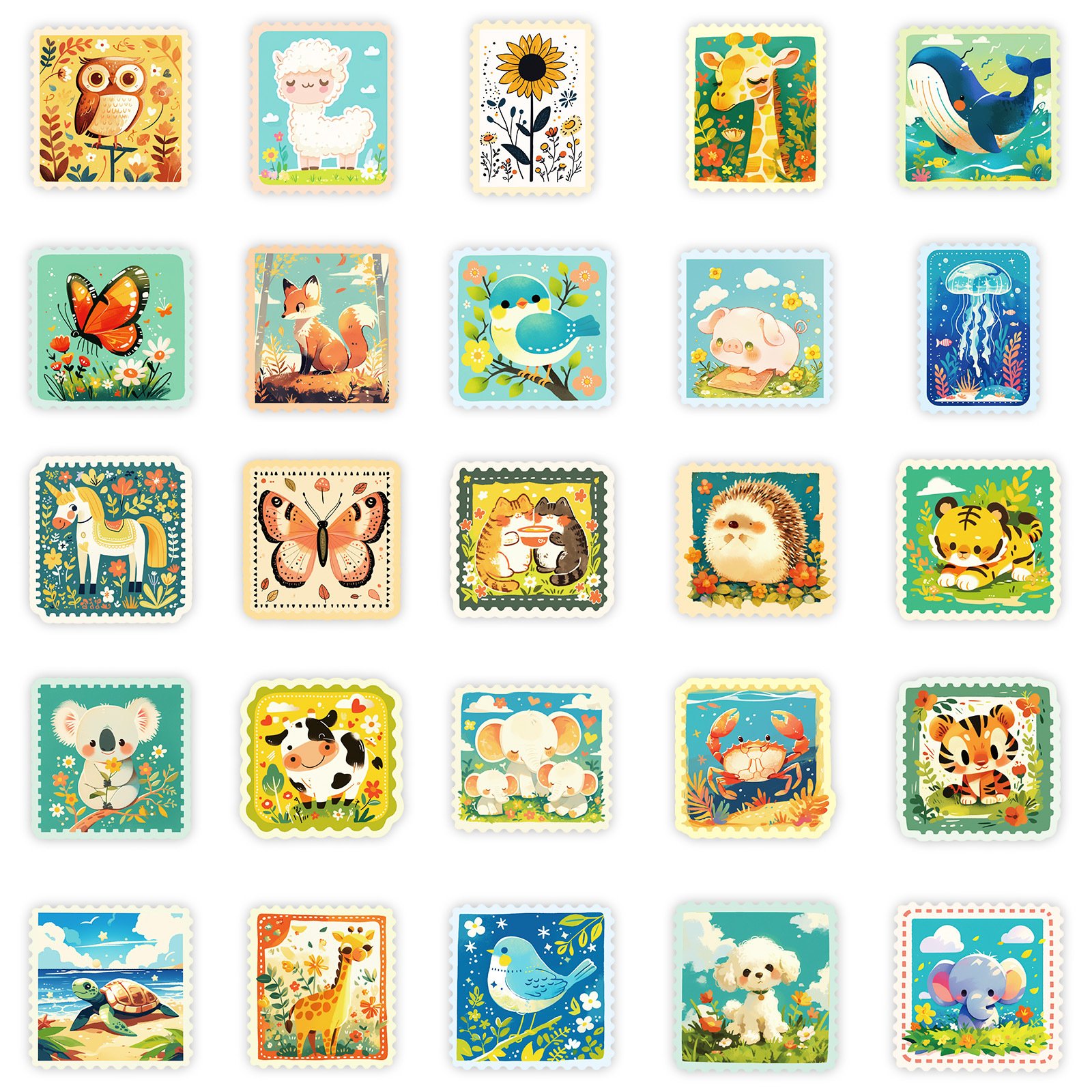 50Pcs Cute Animals Cartoon Stamp Graffiti Stickers For Children Book Wall Decor Kawaii illustration Postage Stamp Sticker