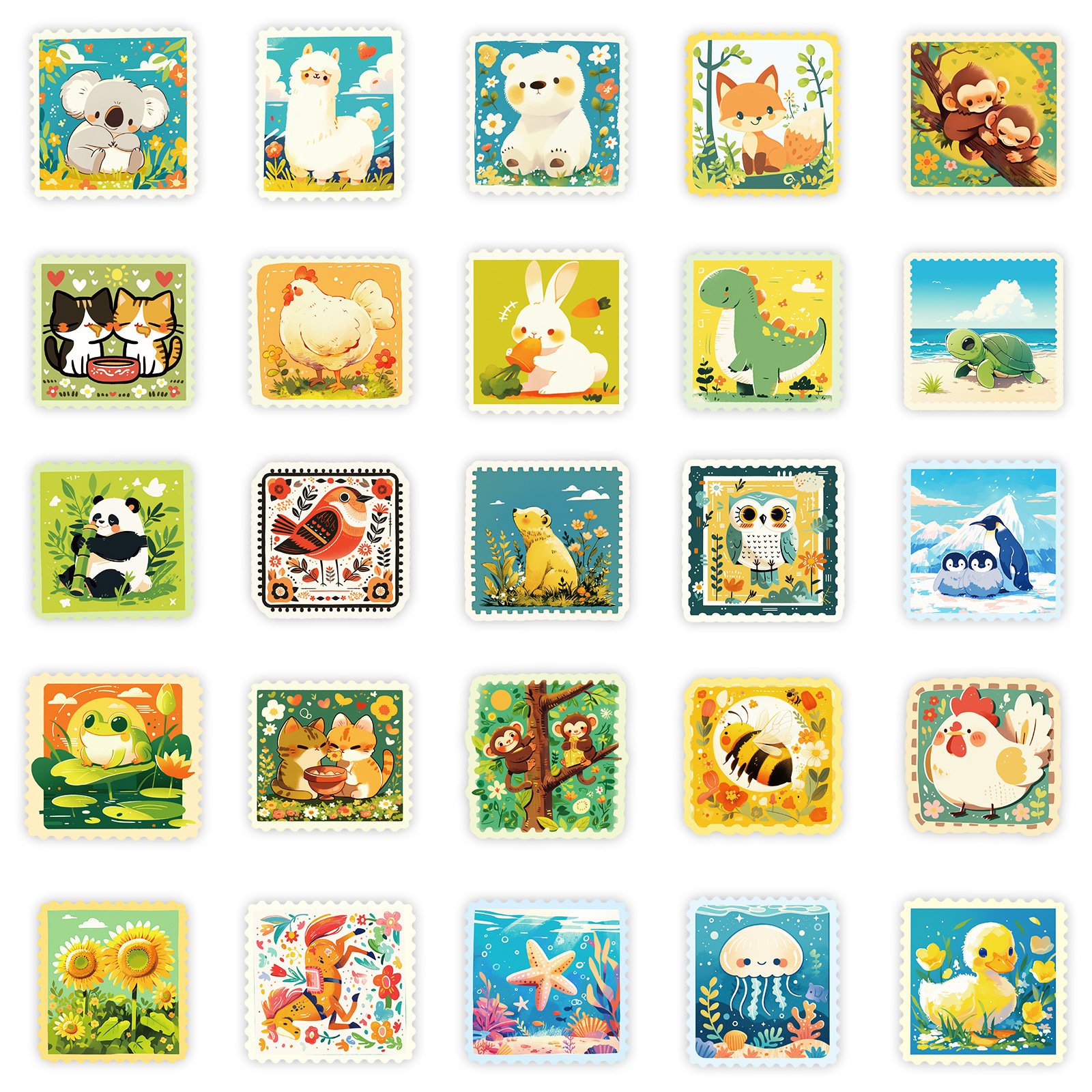 50Pcs Cute Animals Cartoon Stamp Graffiti Stickers For Children Book Wall Decor Kawaii illustration Postage Stamp Sticker