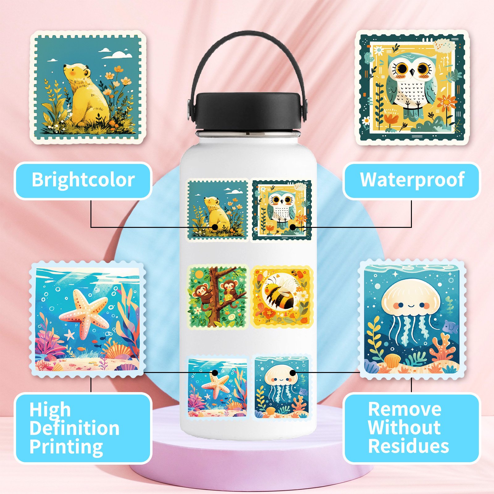 50Pcs Cute Animals Cartoon Stamp Graffiti Stickers For Children Book Wall Decor Kawaii illustration Postage Stamp Sticker