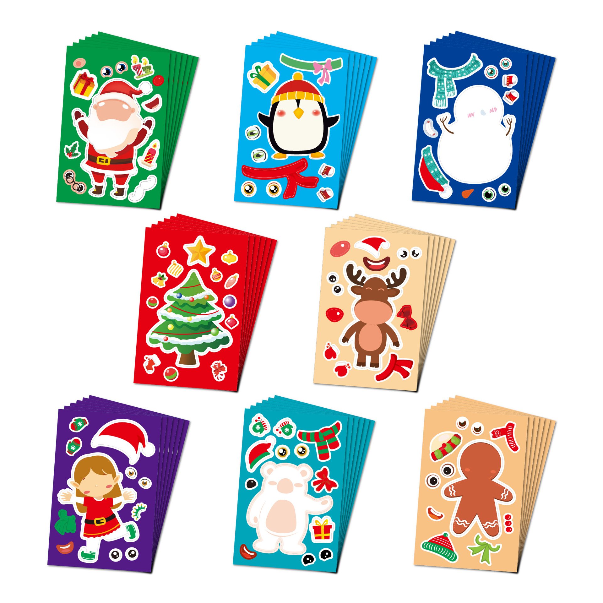 Hot Sale 8 designs Christmas Stickers For Kids Make A face sheet Snowman Santa Gifts