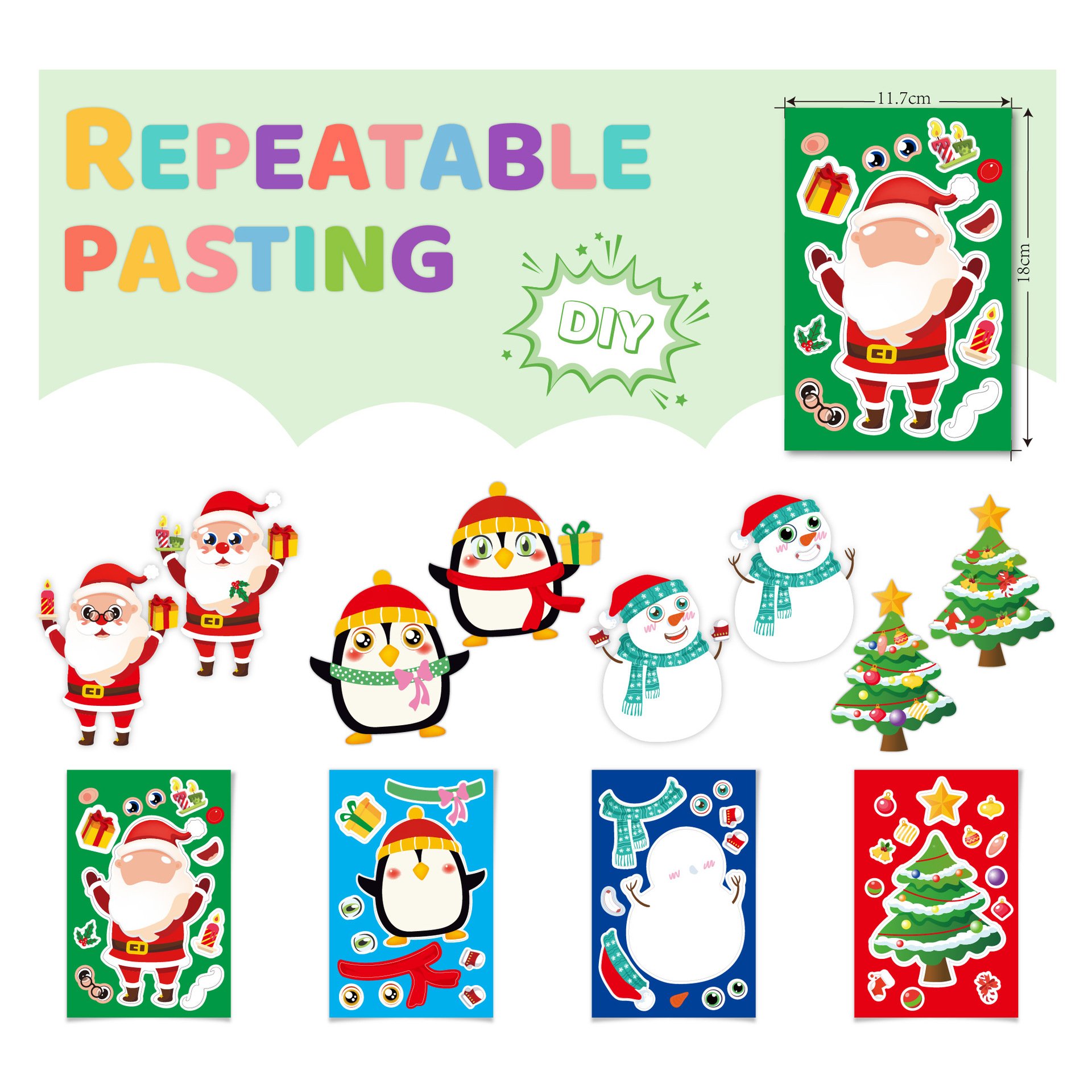 Hot Sale 8 designs Christmas Stickers For Kids Make A face sheet Snowman Santa Gifts