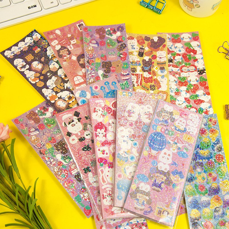 DIY cute girl student Laser sticker set Waterproof Kawaii Cartoon Cute Glitter Animal Scrapbook