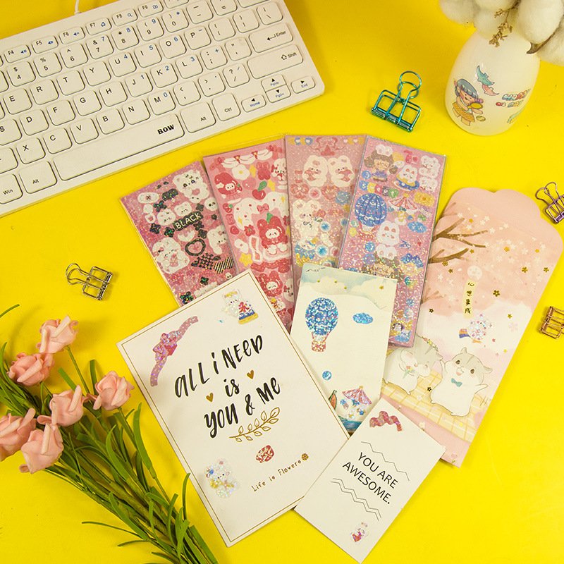 DIY cute girl student Laser sticker set Waterproof Kawaii Cartoon Cute Glitter Animal Scrapbook