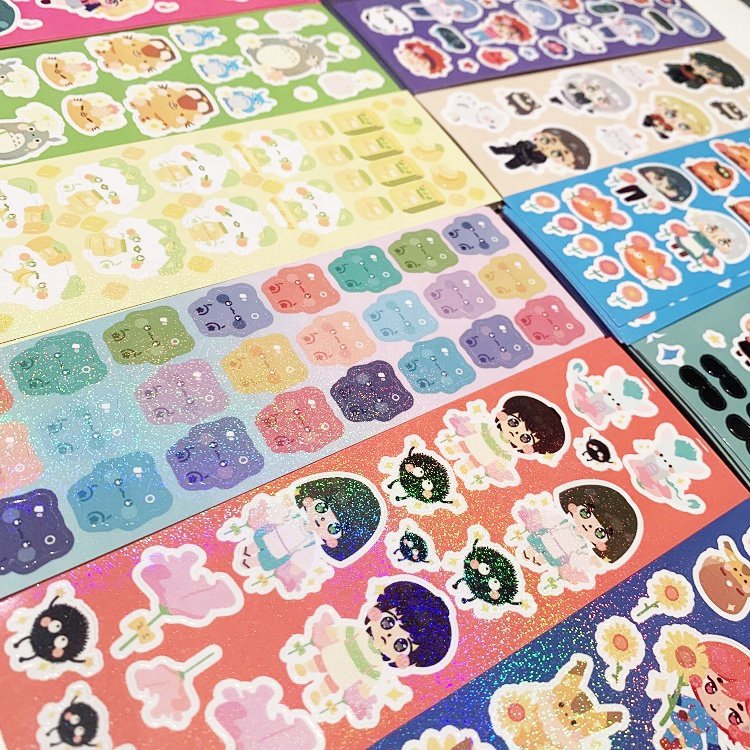 High Quality 15*5 Shimmer Custom Printing Self Adhesive Kiss Cut Colorful Thick Glitter Planner Sticker Sheets