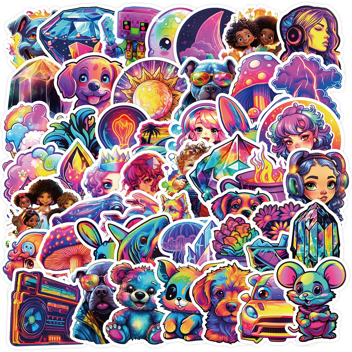 50PCS Cool random JDM colorful diamond cartoon animals flying fish sticker