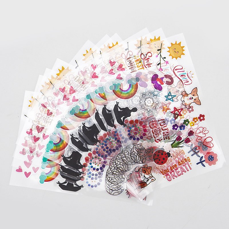 Self Adhesive Holographic Transparent Clear Vinyl Logo Printing Kawaii Cute Cartoon Kiss Cut Stickers Custom Sticker Sheet