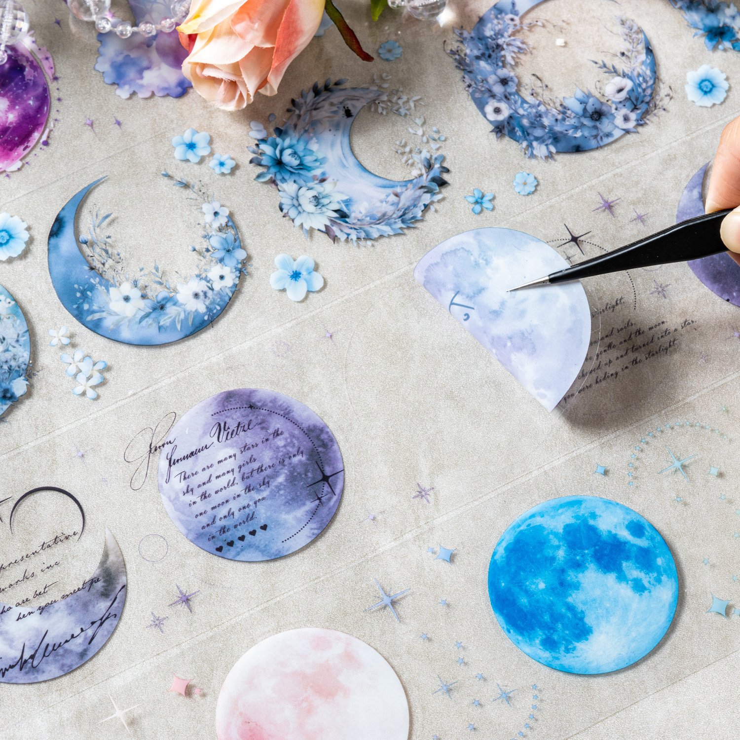 1Roll PET Tape Flower in the Moon Series Moon Phase Theme Handbook DIY Decorative Recycled Stickers