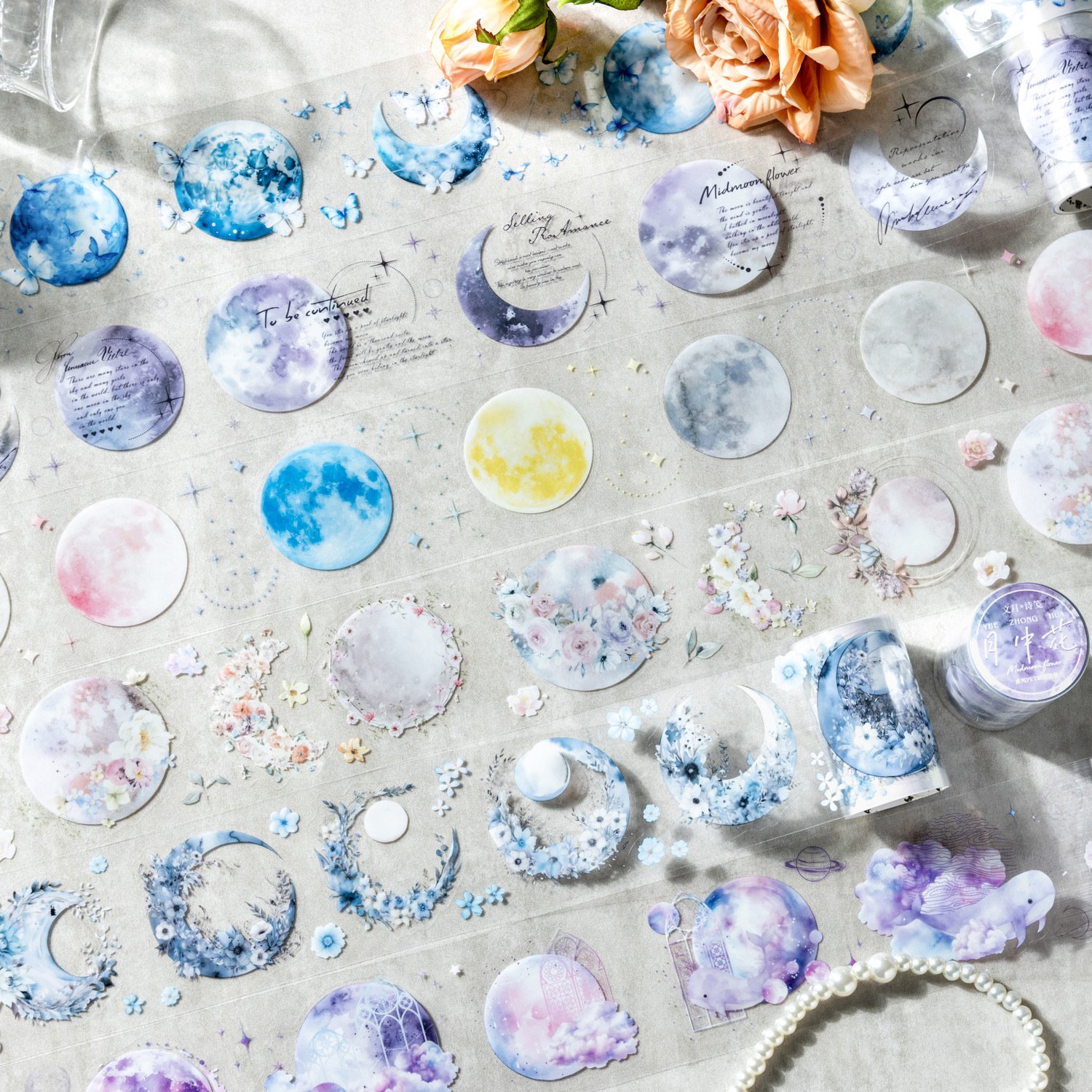 1Roll PET Tape Flower in the Moon Series Moon Phase Theme Handbook DIY Decorative Recycled Stickers