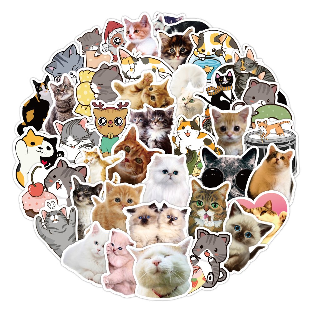 50pcs Cartoon Cute Cat Sticker Custom Waterproof Vinyl Mobile Water Bottle Sticker Luggage Laptop Realistic Kitten Stickers