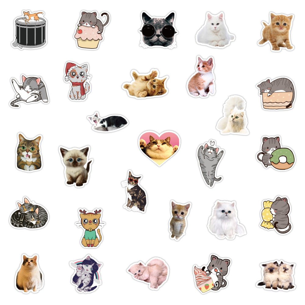 50pcs Cartoon Cute Cat Sticker Custom Waterproof Vinyl Mobile Water Bottle Sticker Luggage Laptop Realistic Kitten Stickers
