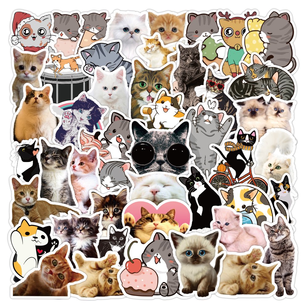 50pcs Cartoon Cute Cat Sticker Custom Waterproof Vinyl Mobile Water Bottle Sticker Luggage Laptop Realistic Kitten Stickers