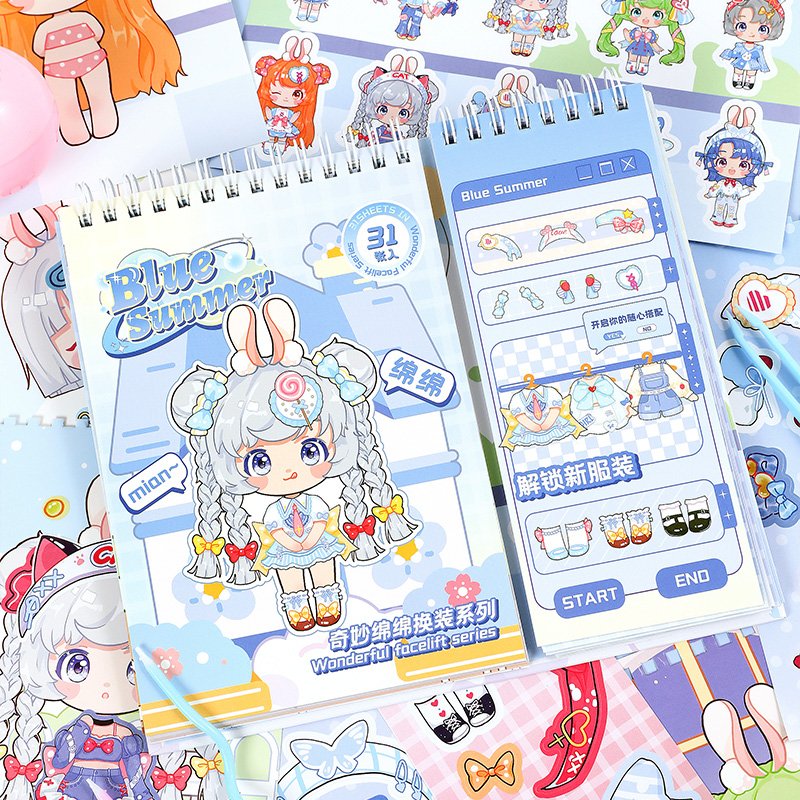 Simno 31 Sheets Coil Binding Kids Dress Up Paper Dolls Reusable Stickers Book Art Crafts Toy