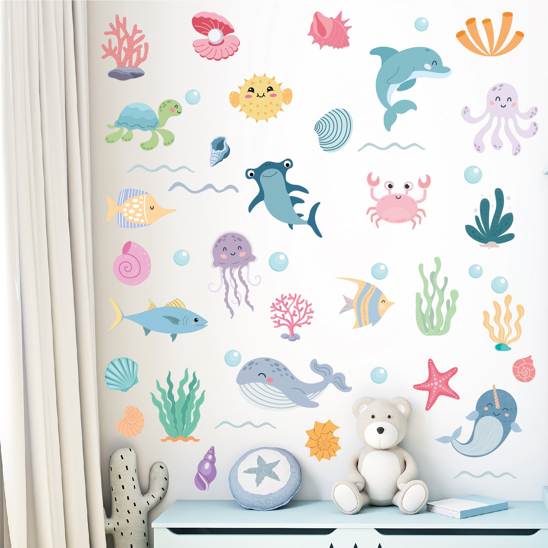 Ocean Creatures Wall Stickers Waterproof Adhesive Wall Sticker Colorful Sea Animals Wall Decal for Kids Room Home Decoration