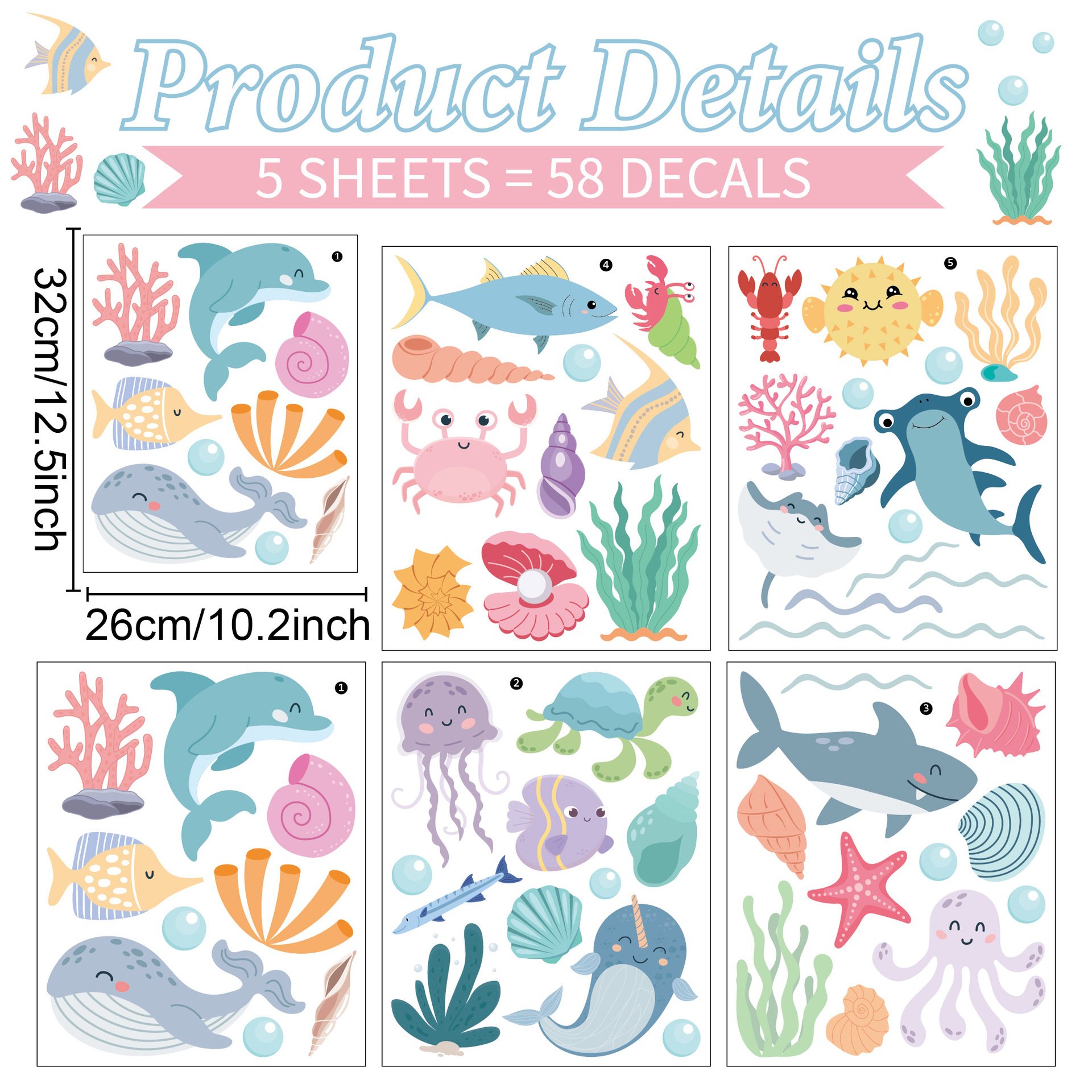 Ocean Creatures Wall Stickers Waterproof Adhesive Wall Sticker Colorful Sea Animals Wall Decal for Kids Room Home Decoration