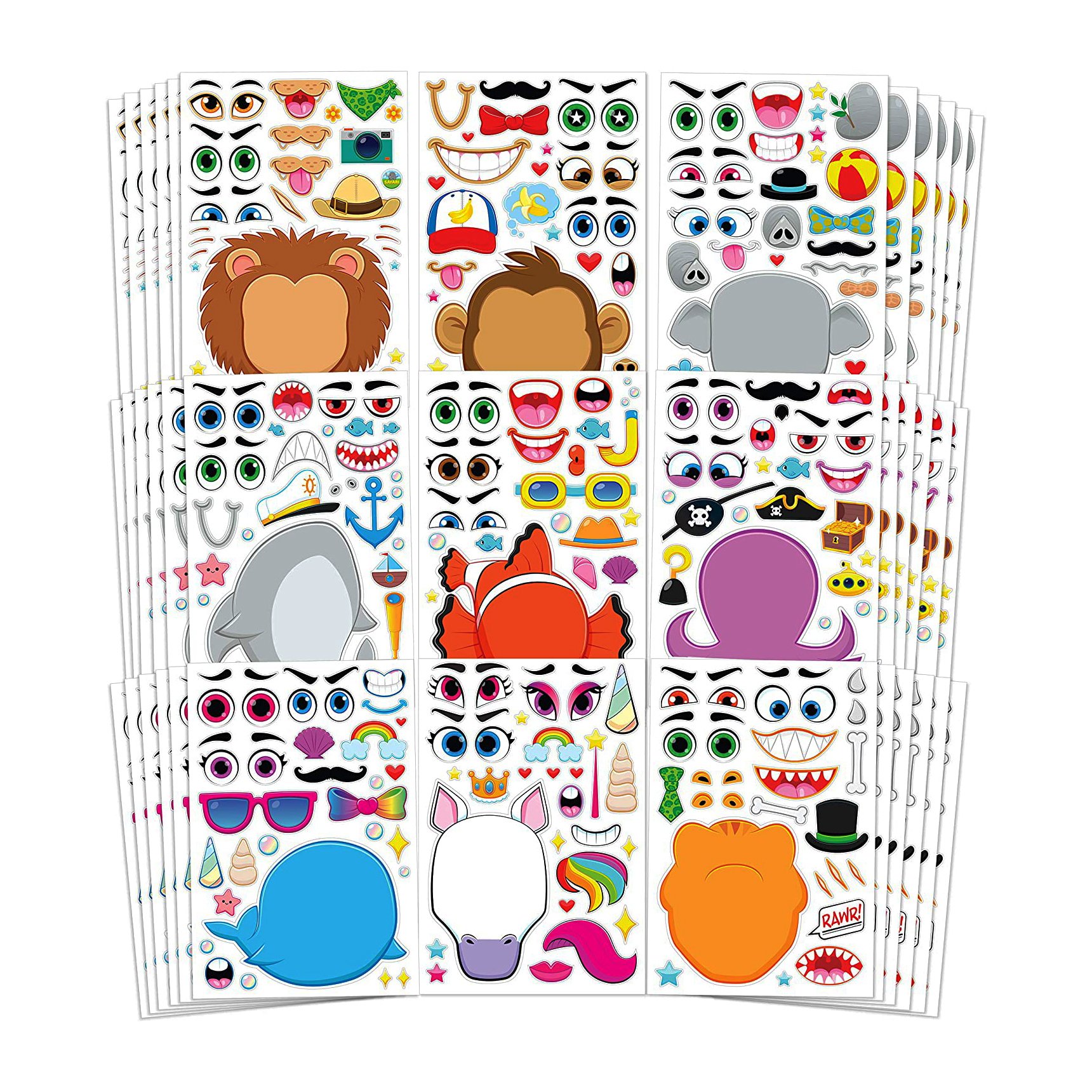 Custom Fun Animals and Dinosaurs Teaching Sticker Sheet Kiss Cut, Kids Birthday Party Favors Stickers, Make-a-Face Sticker