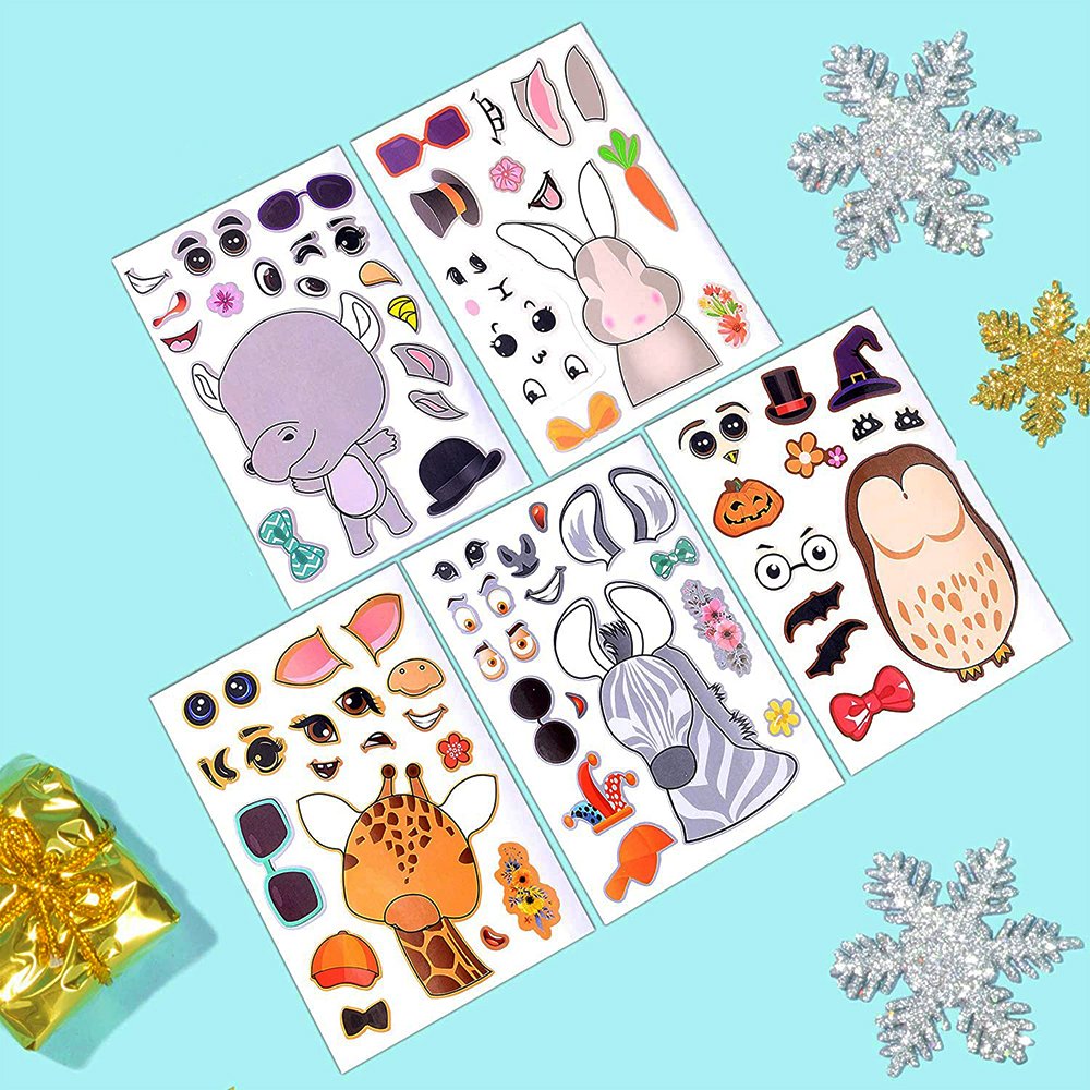 Custom Fun Animals and Dinosaurs Teaching Sticker Sheet Kiss Cut, Kids Birthday Party Favors Stickers, Make-a-Face Sticker