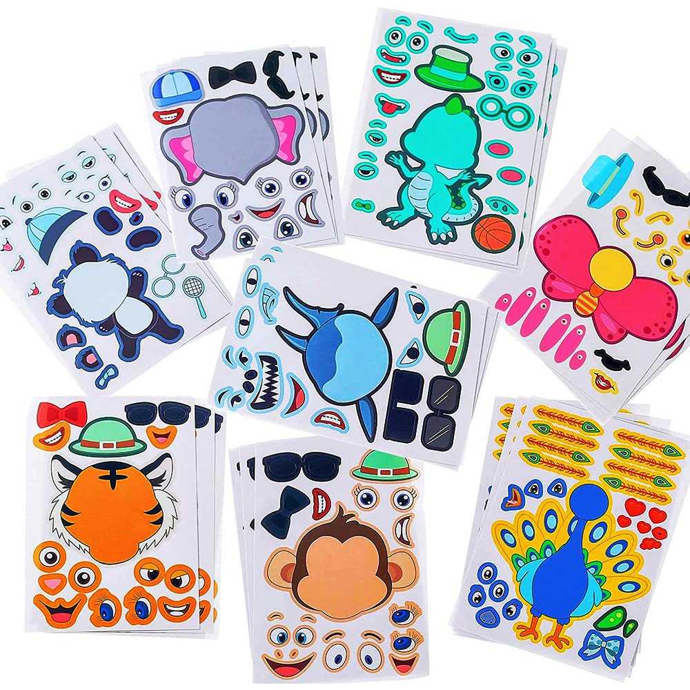 Custom Fun Animals and Dinosaurs Teaching Sticker Sheet Kiss Cut, Kids Birthday Party Favors Stickers, Make-a-Face Sticker