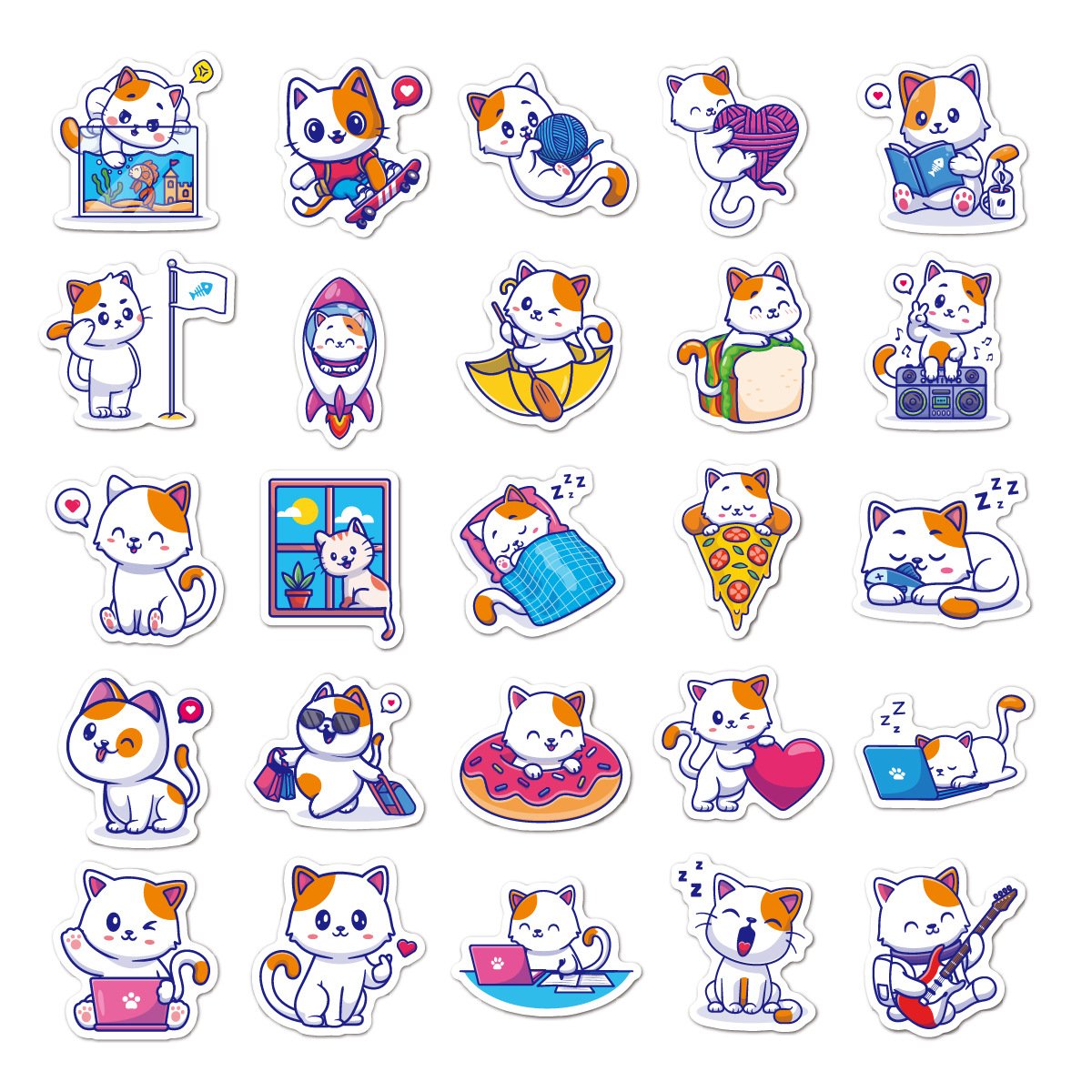 Cute Kitten Cartoon Waterproof Vinyl Sticker for Laptop & Water Cup Children's Craft Gift & Stationery Toy DIY Cat Sticker