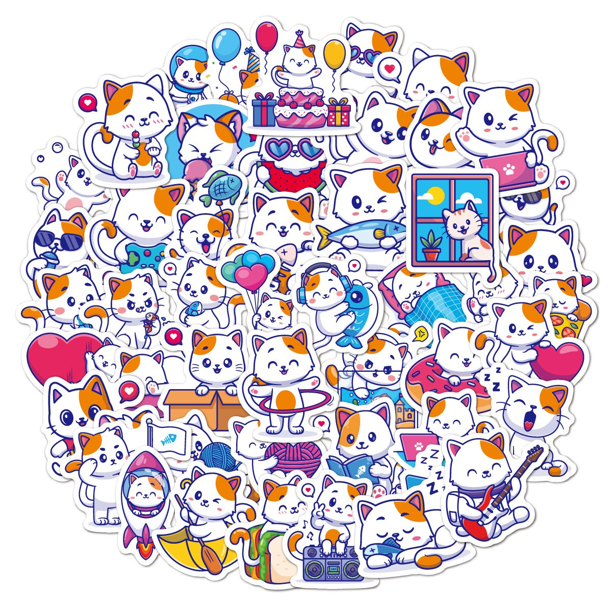 Cute Kitten Cartoon Waterproof Vinyl Sticker for Laptop & Water Cup Children's Craft Gift & Stationery Toy DIY Cat Sticker