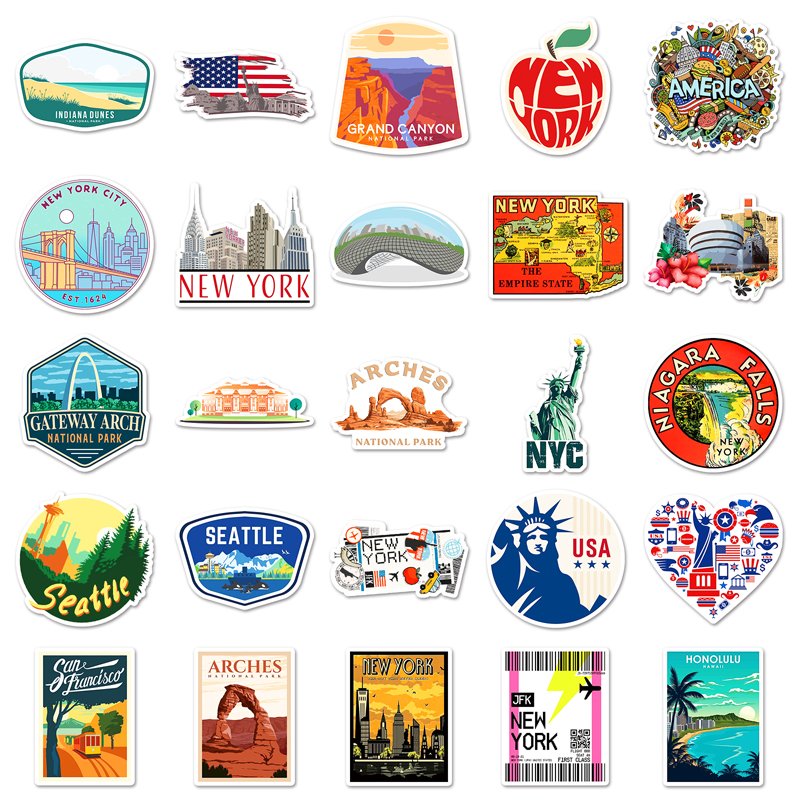 50Pcs High Quality Waterproof Cartoon Custom Sticker Outdoor Scenery Decorations Landmark America Sticker