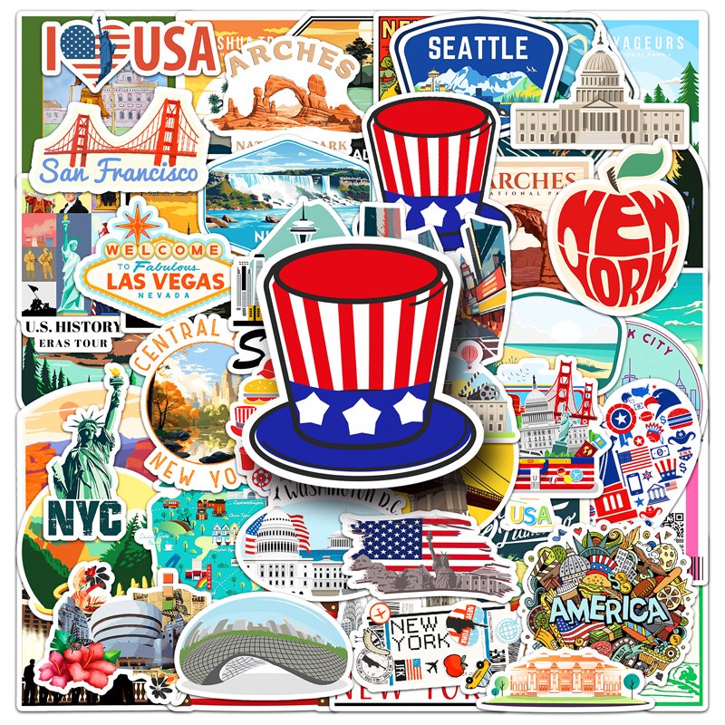 50Pcs High Quality Waterproof Cartoon Custom Sticker Outdoor Scenery Decorations Landmark America Sticker