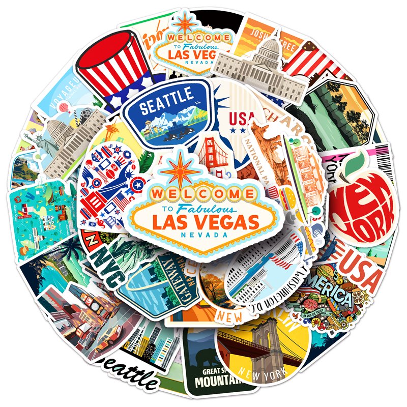 50Pcs High Quality Waterproof Cartoon Custom Sticker Outdoor Scenery Decorations Landmark America Sticker
