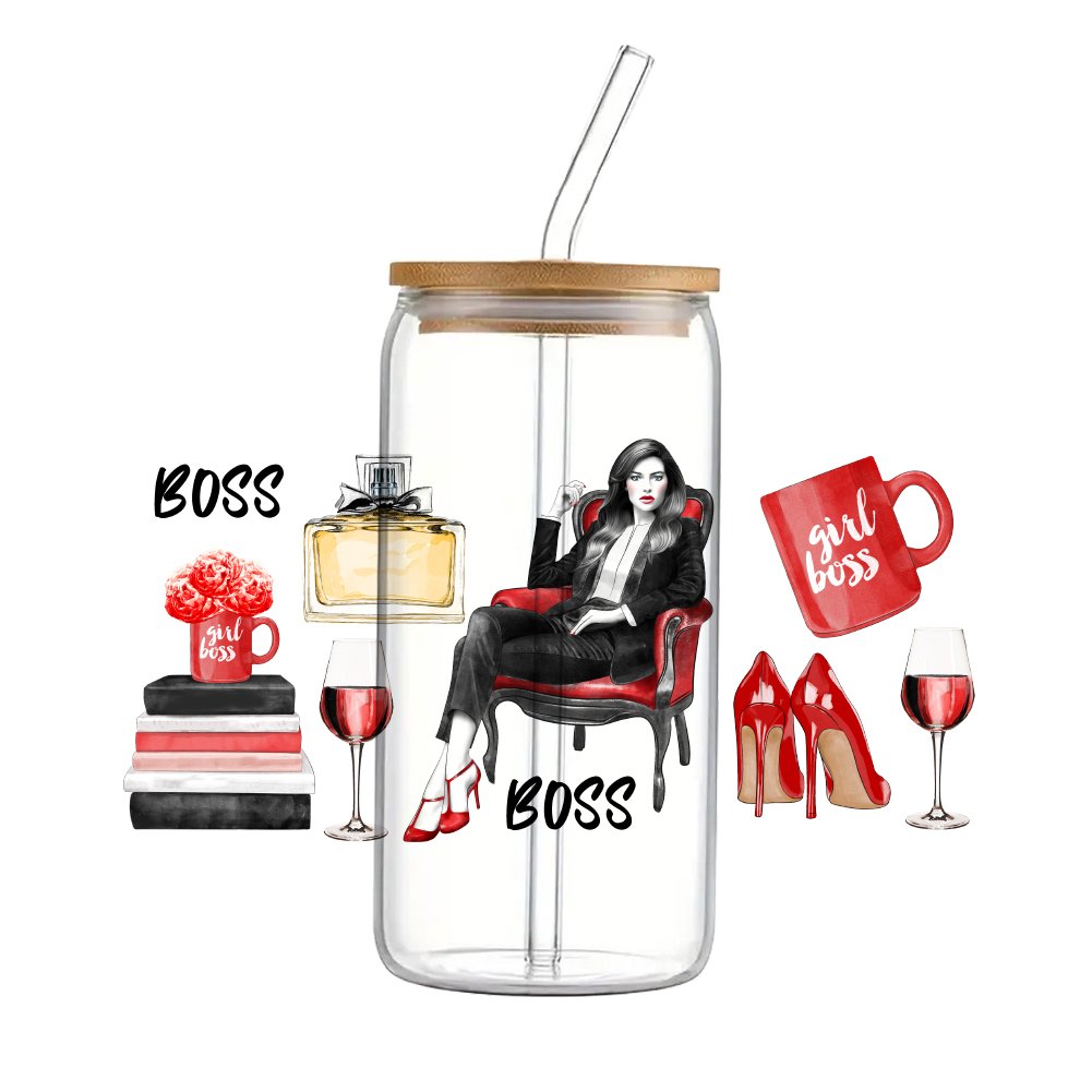 Lady boss fashion cartoon UV Waterproof DTF cup Sticker 16oz For Scrapbook phone case DIY Ceramic Cup wrap Sticker