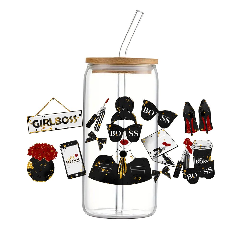 Lady boss fashion cartoon UV Waterproof DTF cup Sticker 16oz For Scrapbook phone case DIY Ceramic Cup wrap Sticker
