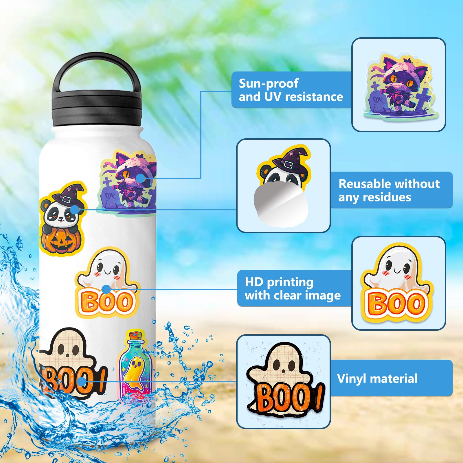 50 Halloween Doodle Stickers for DIY Luggage Pumpkin Bat Castle & Cute Ghost Cartoon Dark Adhesive Paper & Film