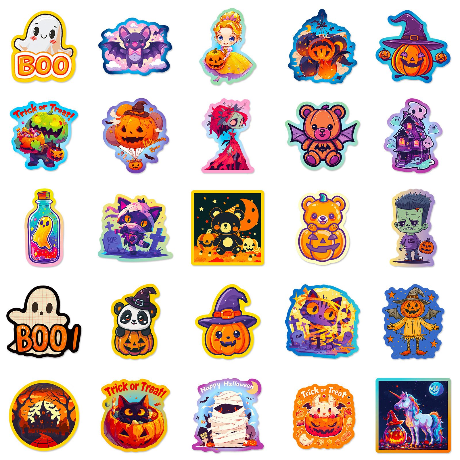 50 Halloween Doodle Stickers for DIY Luggage Pumpkin Bat Castle & Cute Ghost Cartoon Dark Adhesive Paper & Film