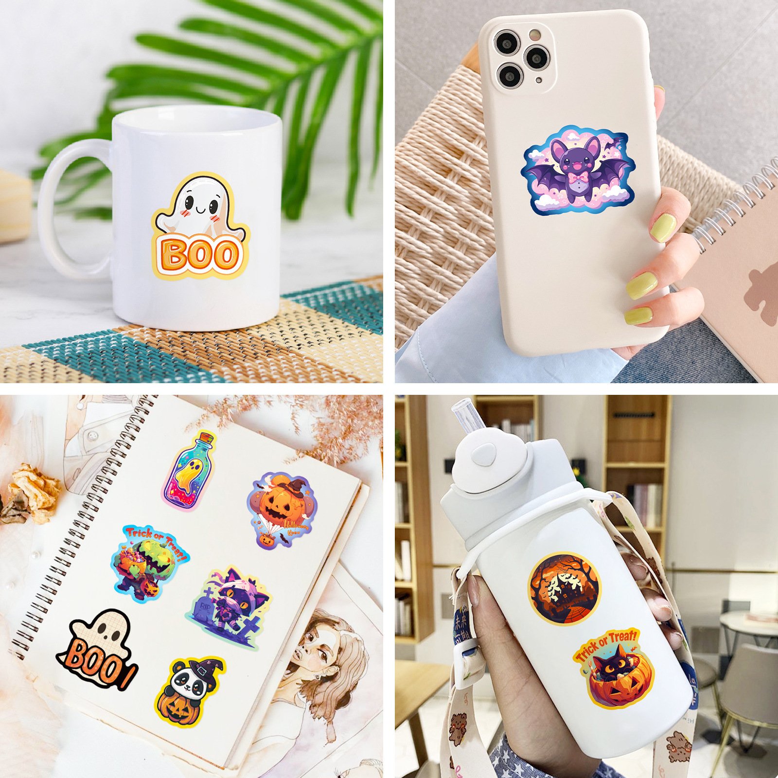 50 Halloween Doodle Stickers for DIY Luggage Pumpkin Bat Castle & Cute Ghost Cartoon Dark Adhesive Paper & Film