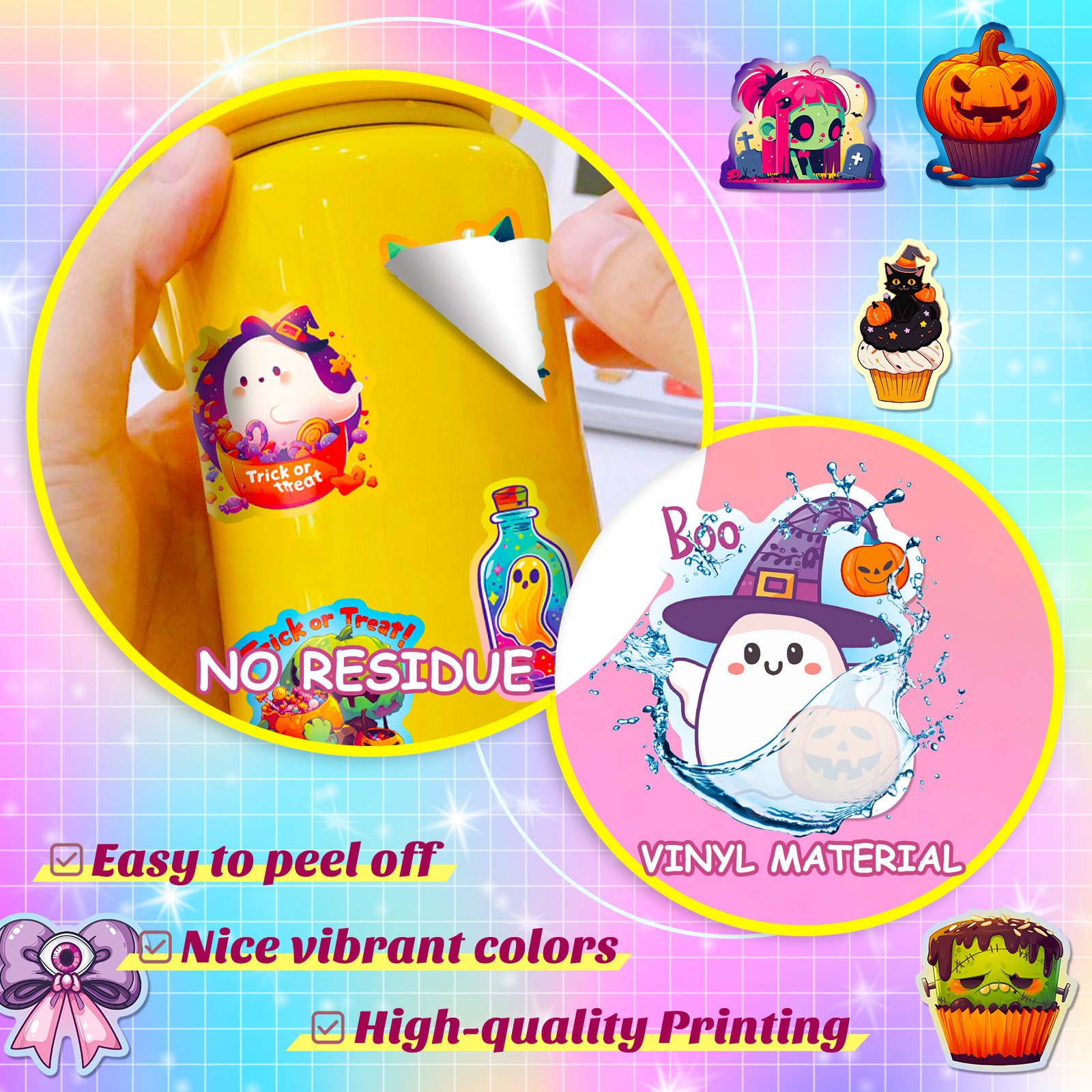 50 Halloween Doodle Stickers for DIY Luggage Pumpkin Bat Castle & Cute Ghost Cartoon Dark Adhesive Paper & Film
