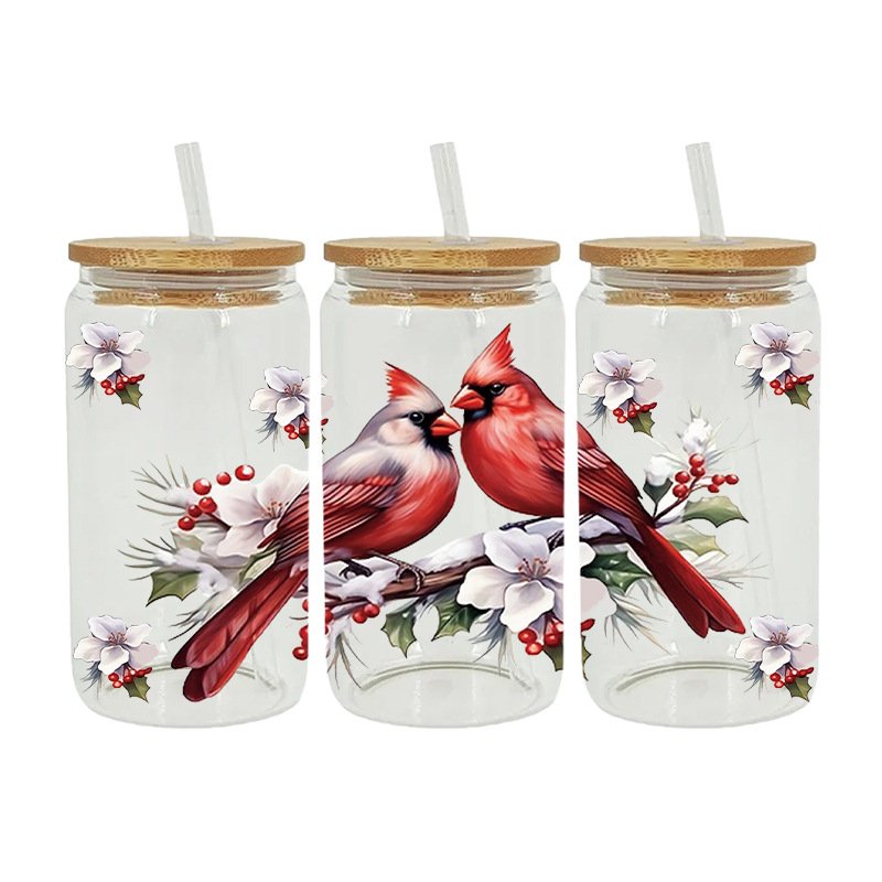 23*11CM Fashion Cartoon Red Bird Garden Branch Uv Dtf Heat Wrap Transfer Wrap Cup Sticker For Glass Can Bottle
