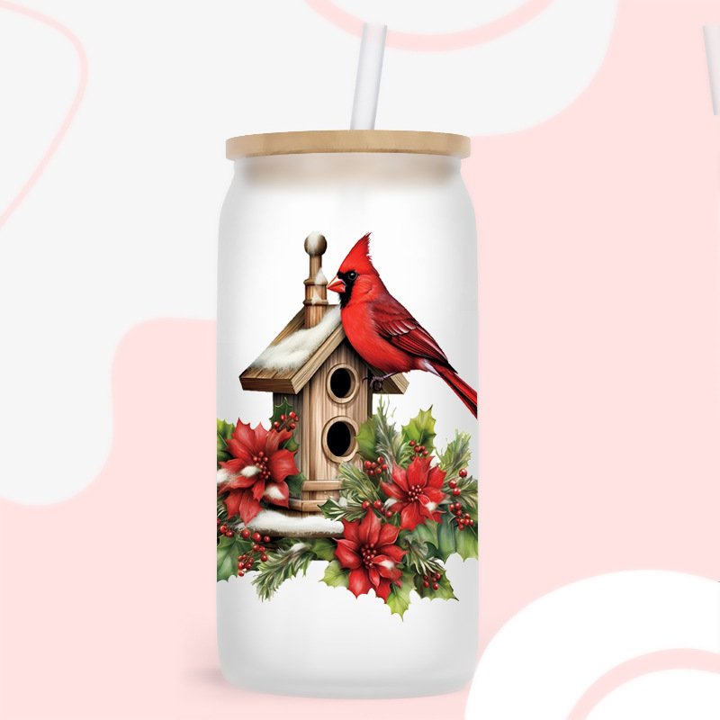 23*11CM Fashion Cartoon Red Bird Garden Branch Uv Dtf Heat Wrap Transfer Wrap Cup Sticker For Glass Can Bottle